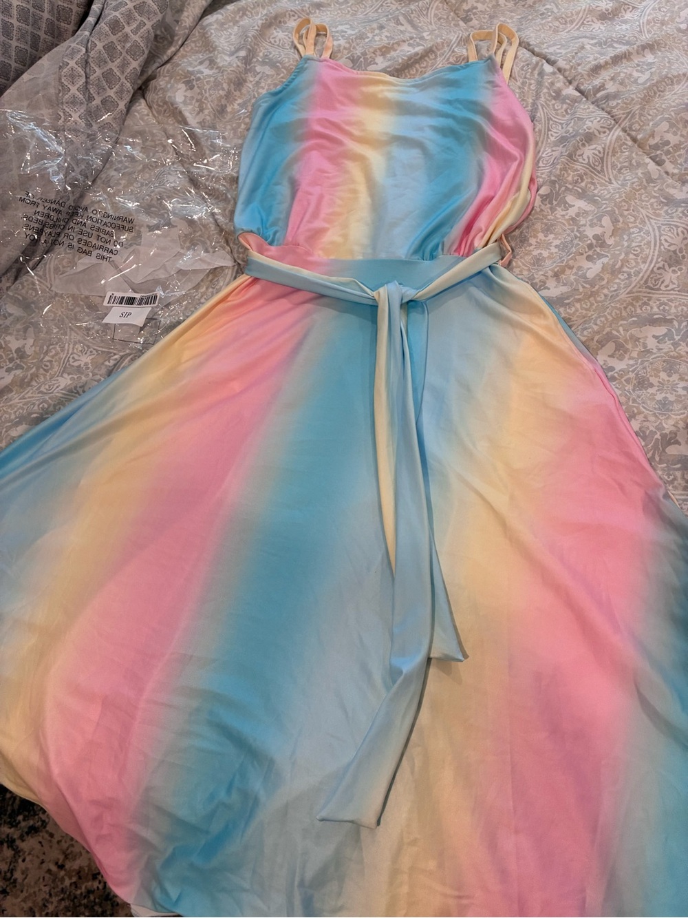Pastel Rainbow Ombre Maxi Dress with Waist Tie
